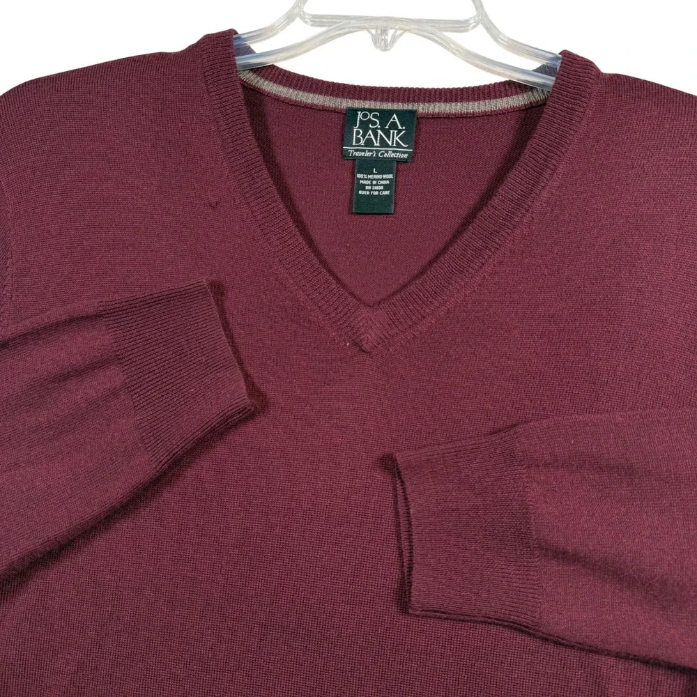 Jos. A. Bank V-Neck Sweater Mens Large Burgundy 100% Merino Wool